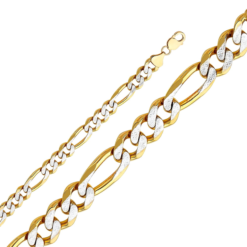 FB Jewels 14K White and Yellow Gold Two Tone Figaro White Pave Chain Necklace With Lobster Claw Clasp