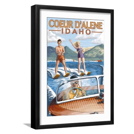 Art.com Coeur D'Alene, Idaho - Water Skiing Scene Art Print by Lantern Press, Black Frame Wall Art, 17" x 23"