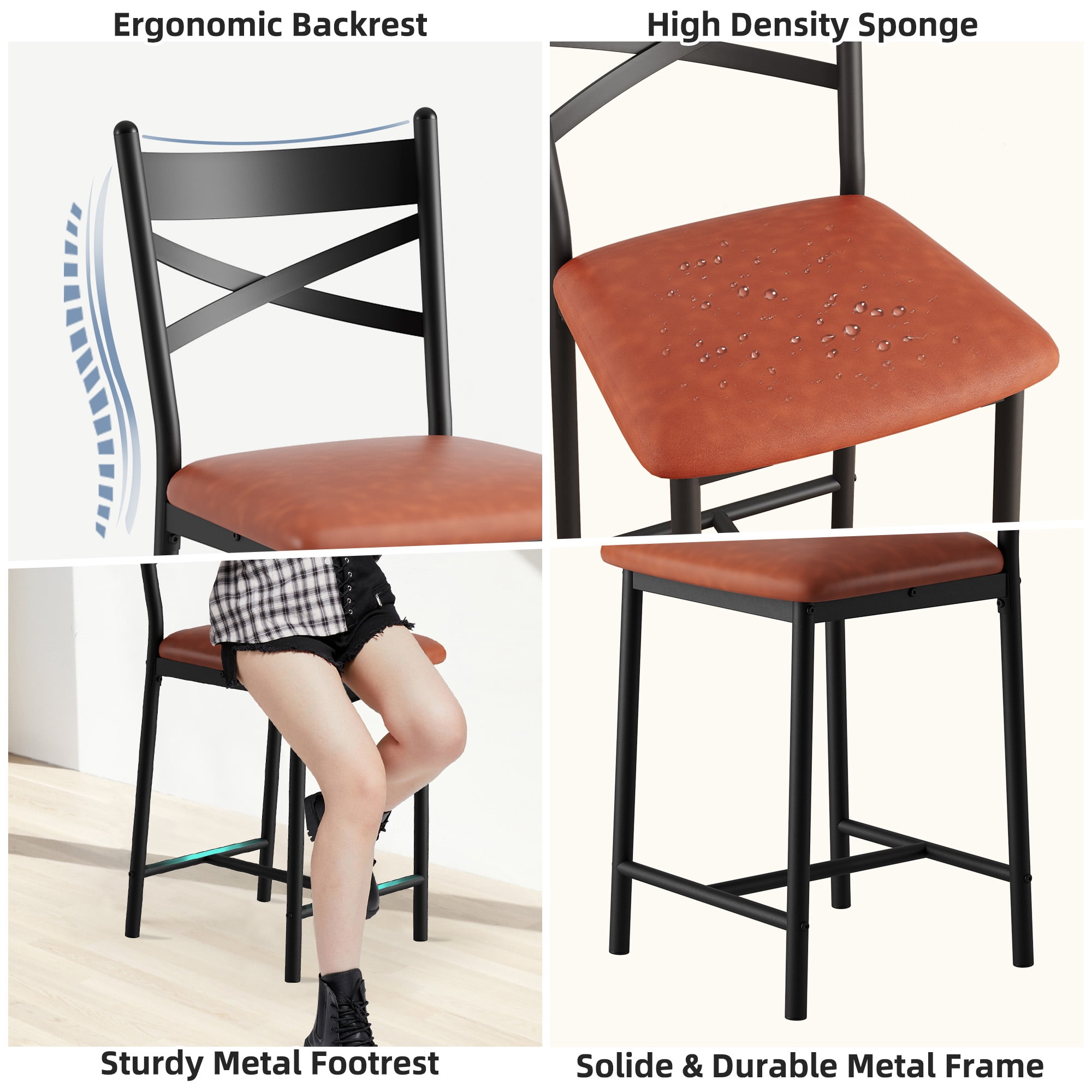 Modern Bar Stool Set of 2, Upholstered Counter Height Bar Chairs with X-Back, Soft PU Leather, Heavy Duty Metal Frame for Kitchen Island Restaurant
