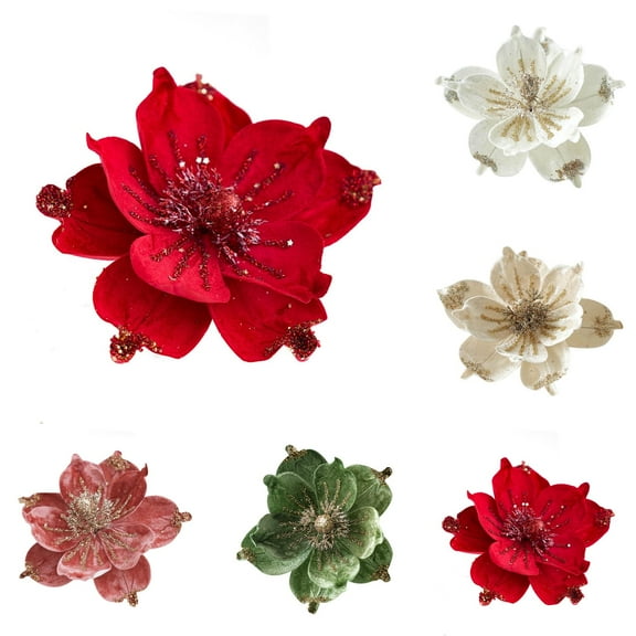 5pcs Christmas Tree Decorations Artificial Magnolia Flowers,Glitter Ornaments Picks for Xmas Tree Wreath Garland,Faux Fabric Floral Decor for New Year Wedding Party Holiday Decor(different colors)