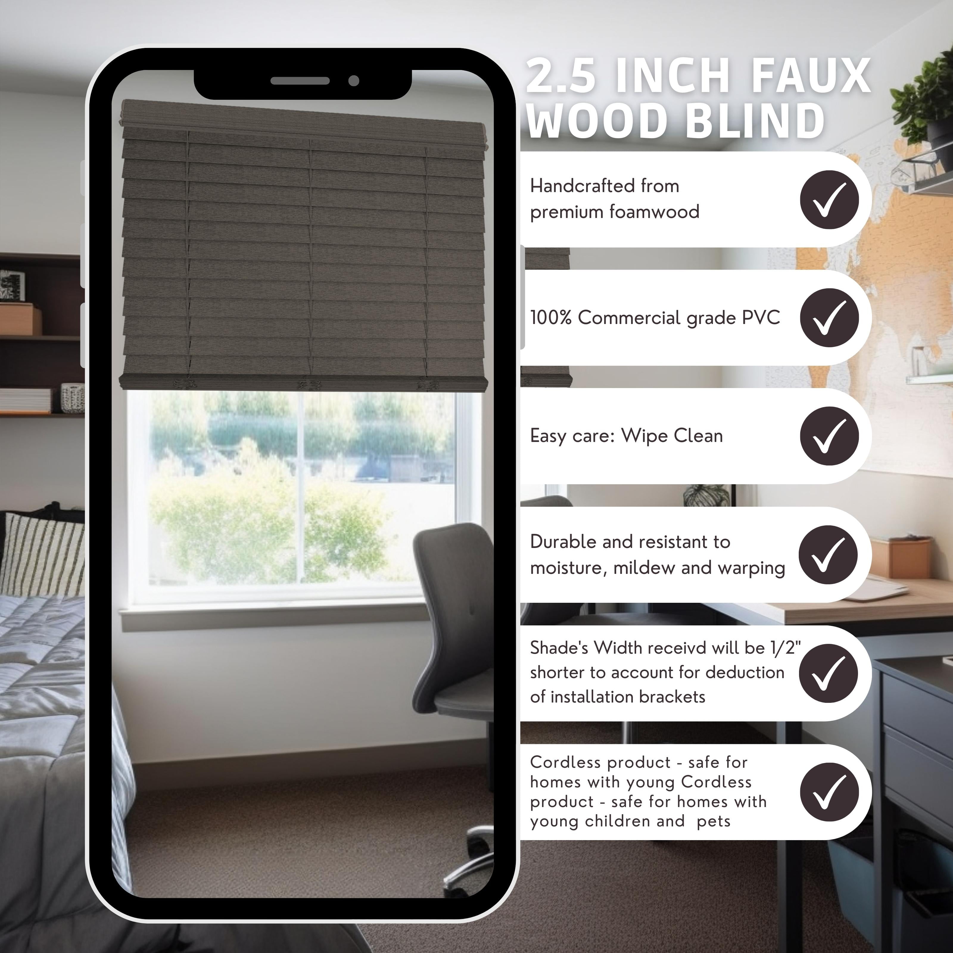 Chicology Cordless Faux Wood Blinds, Brown Textured (2.5" Slat), 22.25"W X 72"H
