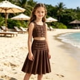 thumbnail image 2 of LIIPEE Girls Summer Outfits 2 Piece Set Kids Solid Color Ruched Sleeveless Crop Button Up Blouse A Line Pleated Skirt Cute Comfortable Breathable Casual Wear,7-8 Years, 2 of 5