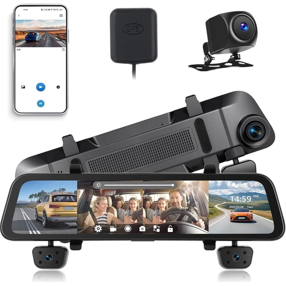 1080P Mirror Dash Cam, 12'' 4 Channel Front and Rear Inside View Mirror Camera Mirror Dash Cam with GPS,Night Vision,G-Sensor,Parking Assistance,APP Control,Parking Monitor,Waterproof Backup Camera