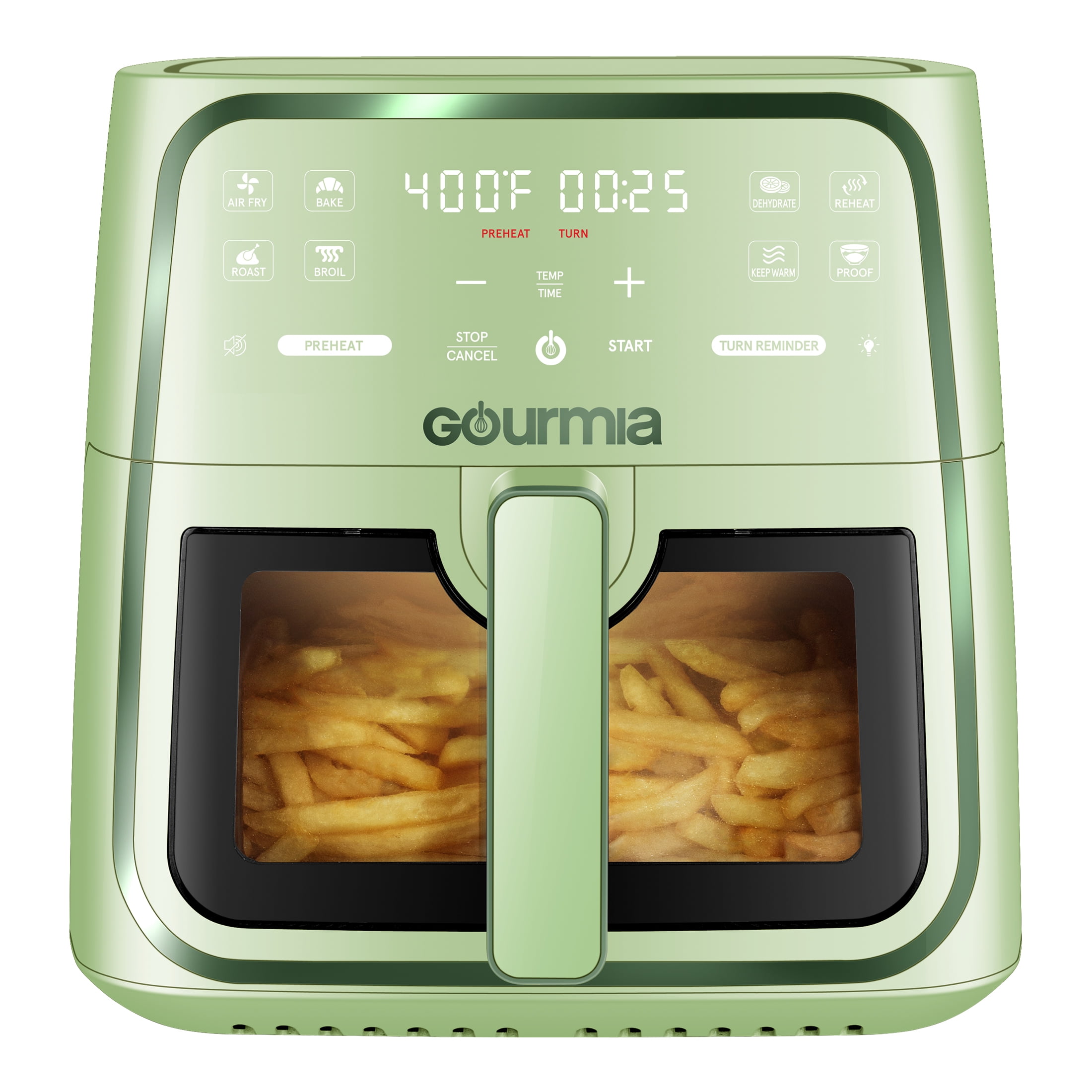 Gourmia 8 Qt Air Fryer, 8 Presets with Digital Display, FryForce 360° Technology, Easy View Window & Interior Light, Dishwasher Safe Basket, Green