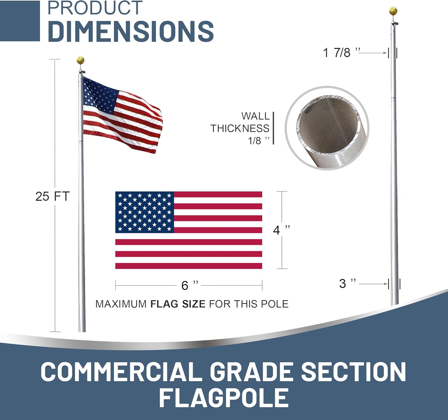 Super Tough USA-Made 25ft Heavy Duty Flag Pole for Outside House - Clear Anodized - Residential In-Ground Flagpole - 4-Section High-Grade Aluminum - Includes All Accessories