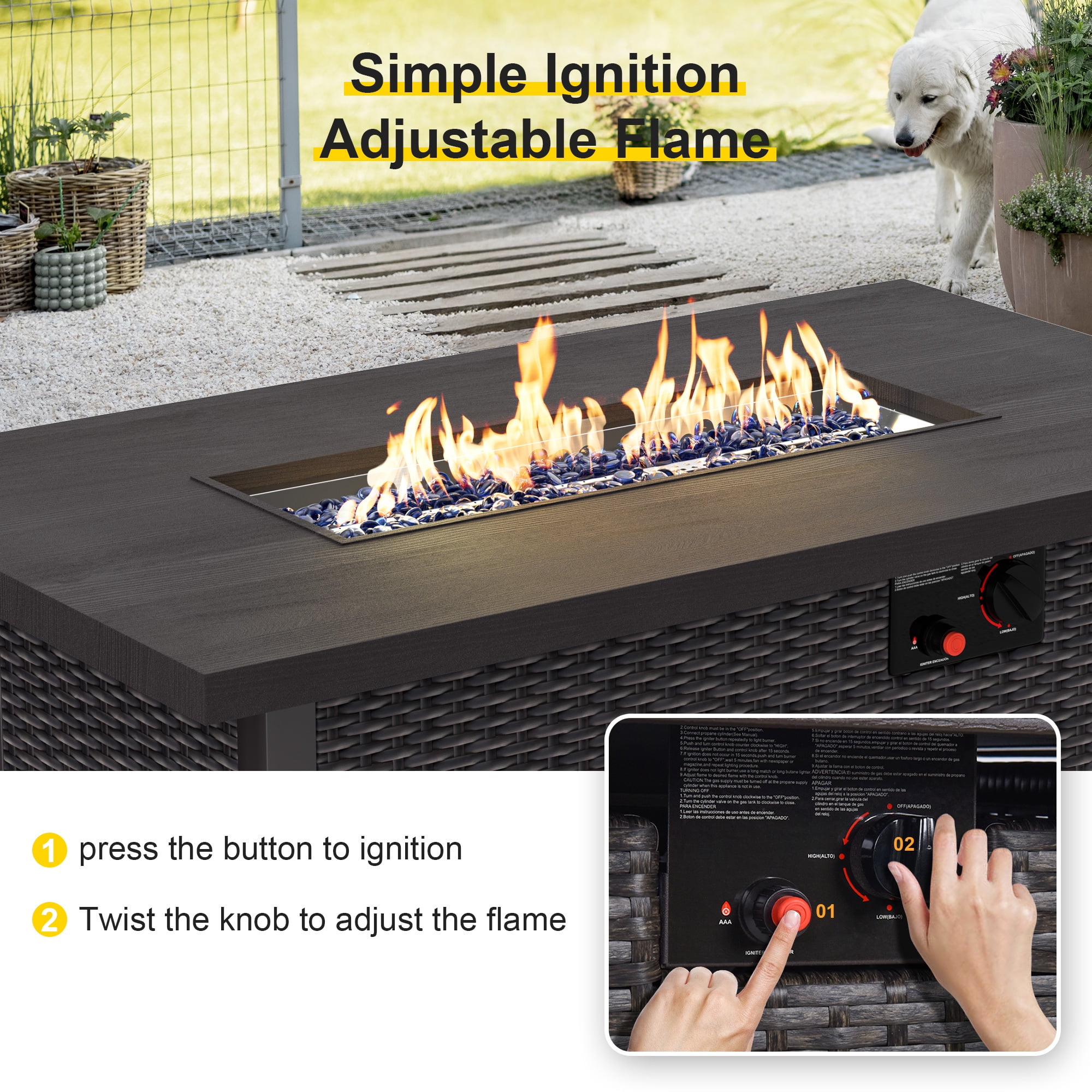 42" Propane Fire Pit, 50,000 BTU Auto-Ignition Gas Fire Pit Table, Outdoor Fire Tables with Lid and Glass Stone for Outside, Garden, Backyard