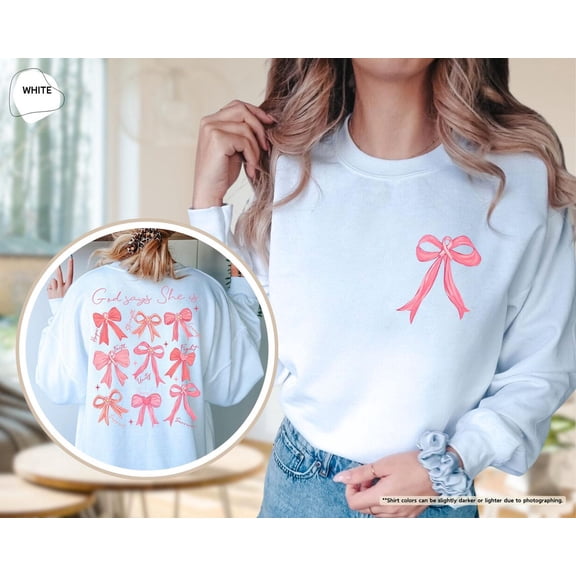 God Says She Is Christian Sweatshirt, Breast Cancer Hoodie, Faith Hope Cure, Pink Coquette Bow Sweater, Womens Christian Gifts, Bible Verse All Size S-5Xl