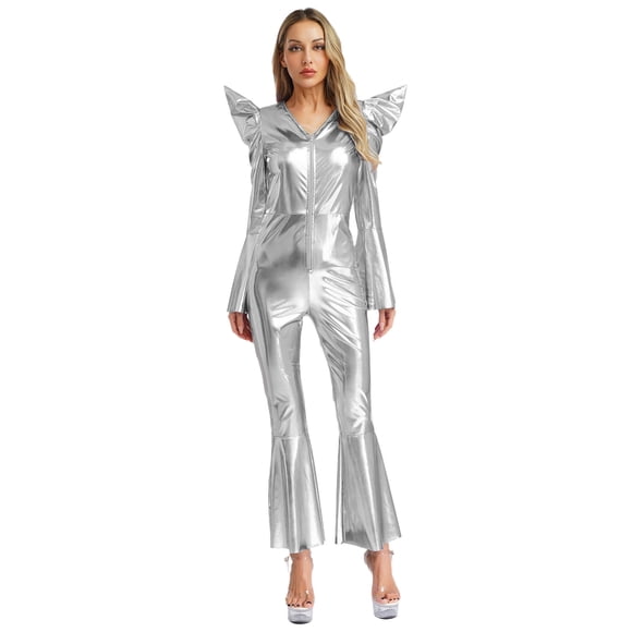 Moggemol Womens 70s Rave Outfits Shiny Metallic Bell Bottom Alien Jumpsuit Silver 3XL
