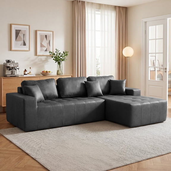FFZ 108.27" Faux Leather L-Shaped Sectional Sofa Bed with Corner Chaise and High-Resilience Sponge, Black