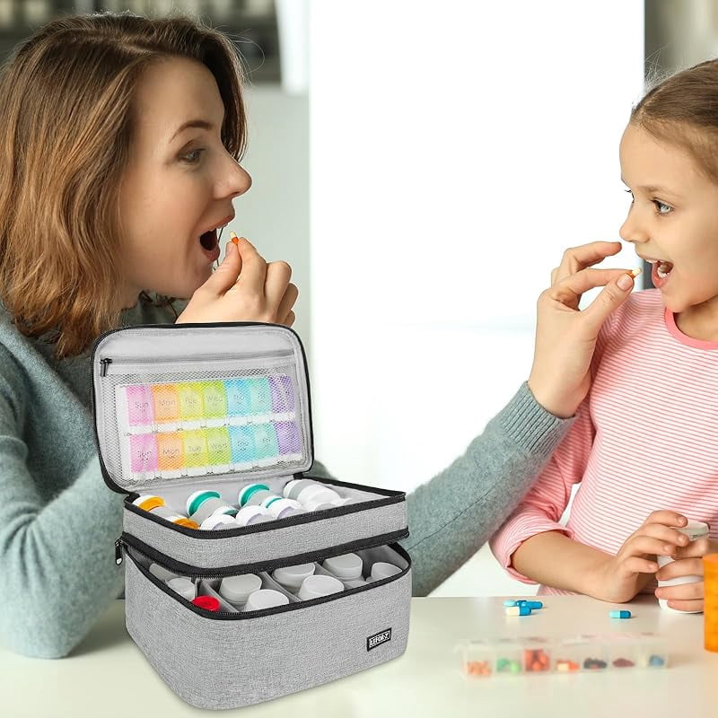 Medicine Storage Bag,Double Layers Pill Bottle Organizer Bag Empty with Lockable Zipper&Adjustable Divider,Medication Travel Carrying Bag for Pills,Vitamins,Medical Supplies