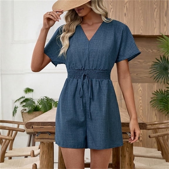 Sokhug Short Sleeve Romper for Women V Neck with Smocked Waist Drawstring Casual Denim Look Jumpsuit