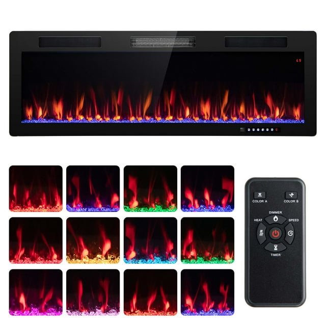 Costway Foyer Électrique Linéaire de 50 Pouces 1500 W Encastré Mural avec Flamme Multicolore