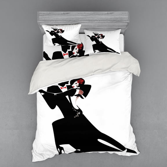Ambesonne Retro Bedding Set 4 Pcs, Romantic Dance Partners, Queen, White Black