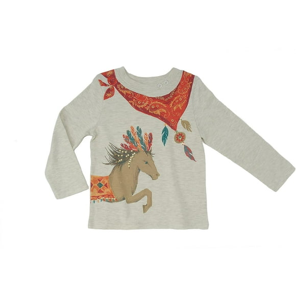 Kidsy Girls Cowgirl Pattern Peruvian Cotton Printed T-Shirt – Long Sleeve, Crewneck, Oatmeal Heather, 2
