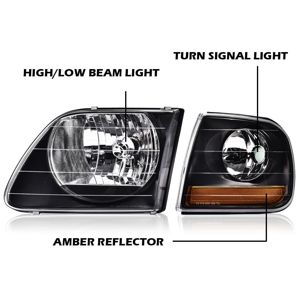 PIT66 Fit For 97-03 Ford F150/99-02 Expedition Black Headlights+Corner Lights 1Pair