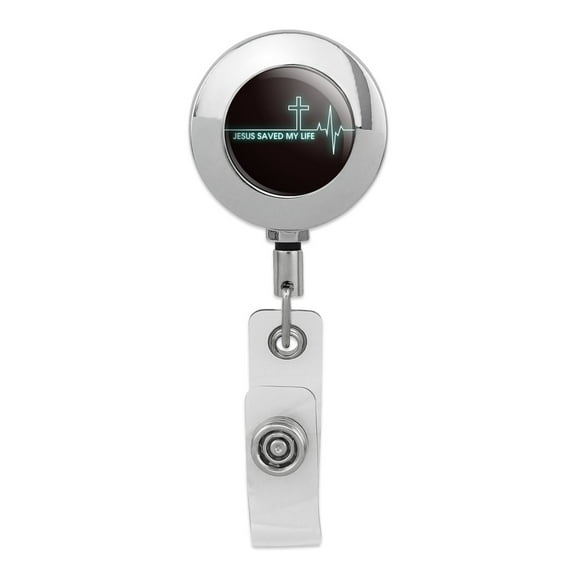 Jesus Saved My Life EKG Heart Rate Pulse Religious Christian Retractable Reel Premium Metal Chrome Badge ID Card Holder Clip