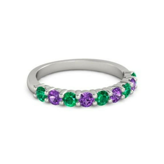 925 Sterling Silver Round 2.50 MM Emerald Amethyst Half Eternity Women Ring Size US- 4
