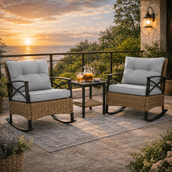 3pcs Outdoor Rocking Chair with Table, Seizeen Patio Furniture Rattan Rocker Chairs, Cushiones Patio Bistro Set for 2, Front Porch Furniture for Living Room, Bedroom, Study Room, Gray