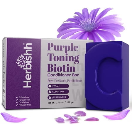 Herbishh Purple Toning Conditioner Bar for Blonde, Silver & Gray Hair, Neutralizes Brassiness, Adds Shine & Moisture, Biotin Conditioner Bar, Sulfate-Free, Eco-Friendly, Travel-Ready, 3.53 oz