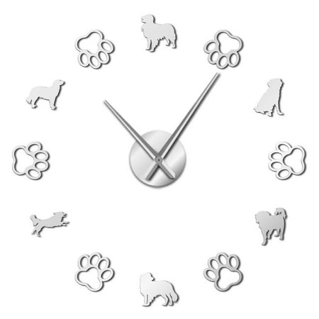 Dutch Partridge Dog Silhouette Frameless Wall Clock Stickers, DIY Modern Decorative Clocks for Living Room, Bedroom, Office - Easy to Install, Large 3D Clock Design (Silver,37in)