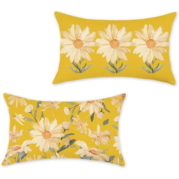 Summer Daisy Pillow Covers 12x20 Inch Set of 2 Farmhouse Yellow Watercolor Daisy Floral Decorations Patio Outdoor Cushion Case for Sofa Couch Home