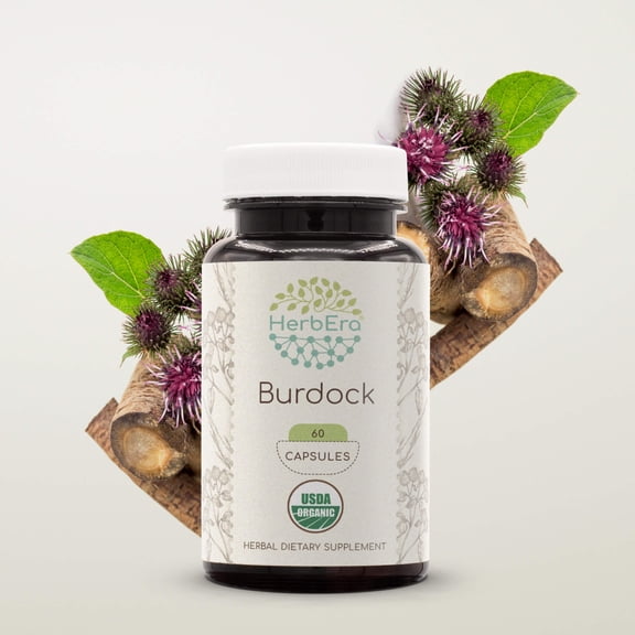 HerbEra Burdock Capsules, Organic Herbal Dietary Supplement for Detox Support, Certified Organic Burdock (Arctium Lappa) Dried Root Capsules, Natural, 60 Capsules