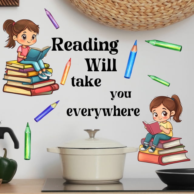 Adhesivos de pared con citas de lectura, dibujos animados de niña con libros, 30 x 59 cm