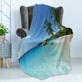thumbnail image 4 of Ocean Soft Flannel Fleece Throw Blanket, Anse Lazio Beach at Praslin Island Surfing Beach Scenic View Travel, Cozy Plush for Indoor and Outdoor Use, 50" x 70", Turquoise Blue Green, by Ambesonne, 4 of 5
