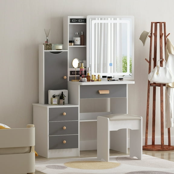 Vanity Set with Mirror and Lights Modern Storage Makeup Dressing Table with 5 Drawers Gray