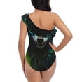 thumbnail image 5 of Uemuo Fluorescent Wolf Print Women's One Piece Swimsuit Asymmetrical Neck Bathing Suit One Shoulder Side Cutout Ruffle Swimwear-Medium, 5 of 6
