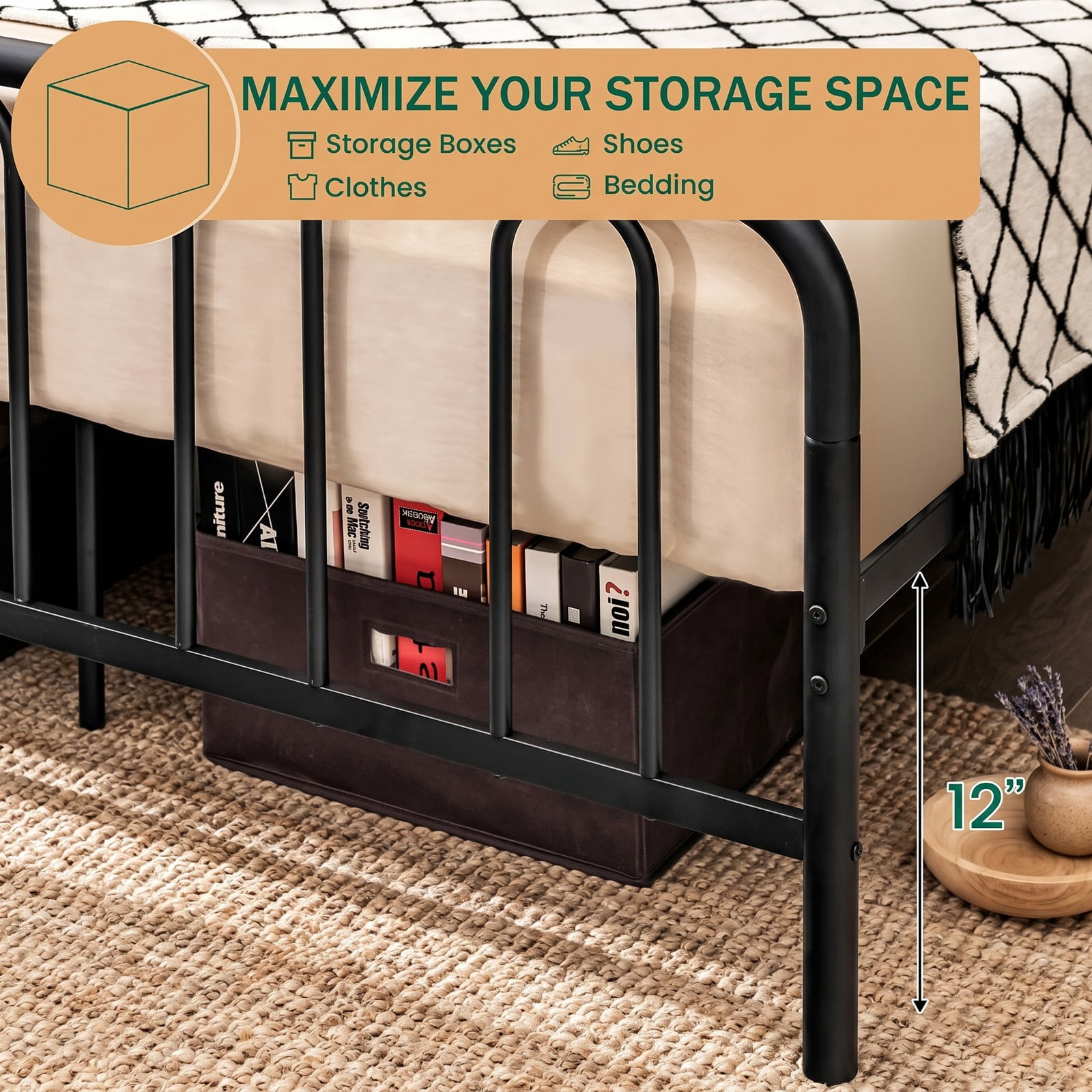 Furnibear Queen Bed Frame with Headboard, Metal Platform Bed Frame with Arched Headboard, Footboard and Under Bed Storage, Black