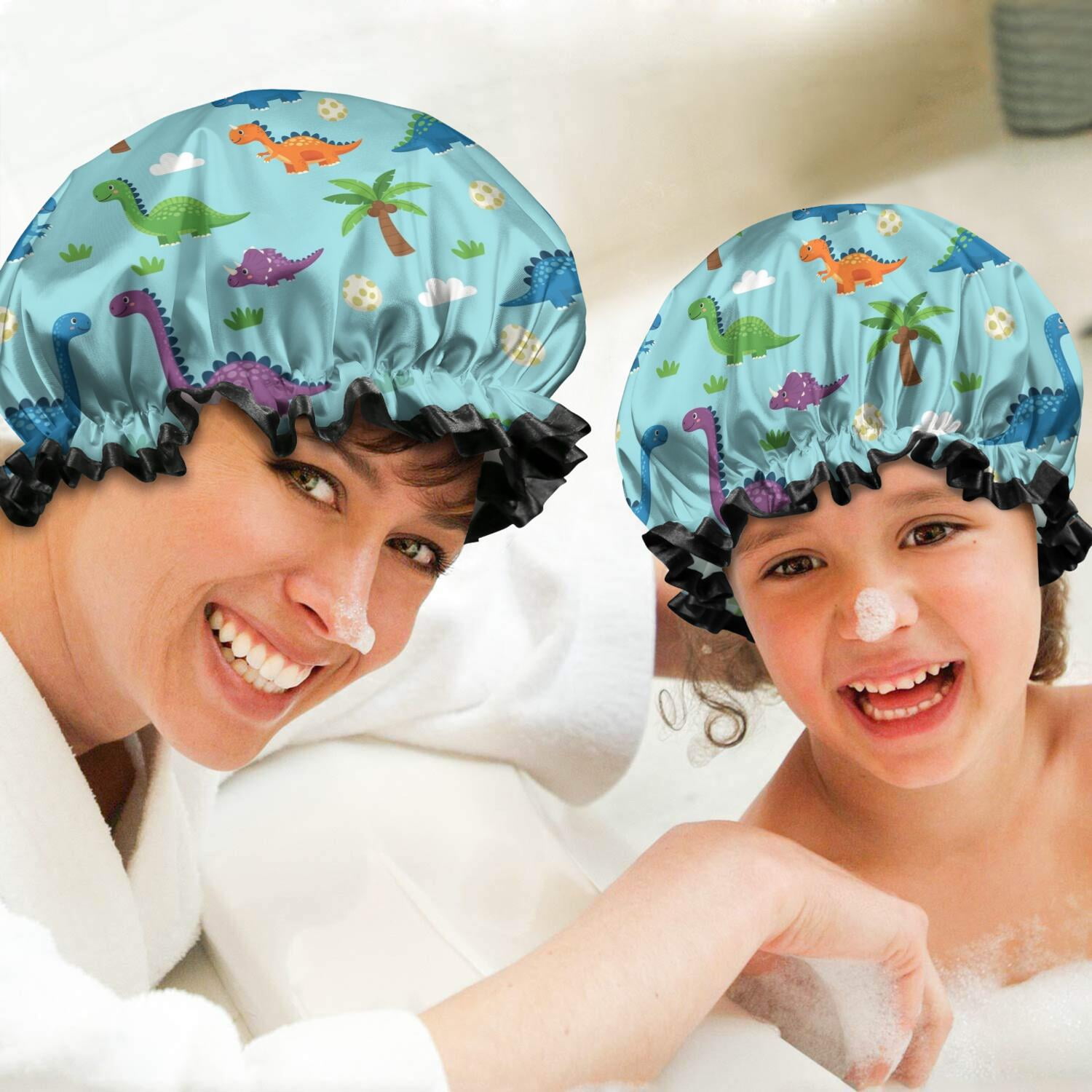 Shower Caps,Light Blue Dinosaurs Palms Eggs Pattern Waterproof Shower Cap for Women 4 Pieces,Double Reusable Hair Cover for Shower PEVA Elastic Stretch Hem