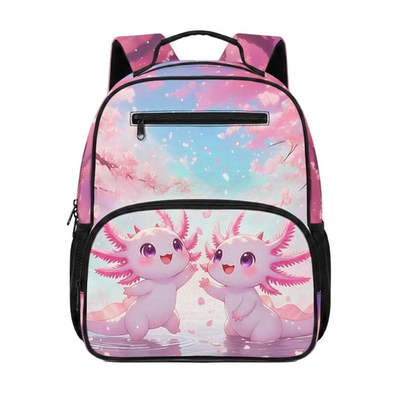 HUIACONG Cherry Blossom Axolotl 13.5 Inch Backpack for Kids, Lightweight Water Resistant School Bag with Breathable Padded Adjustable Straps, Multi-compartment Bookbag for Elementary Travel
