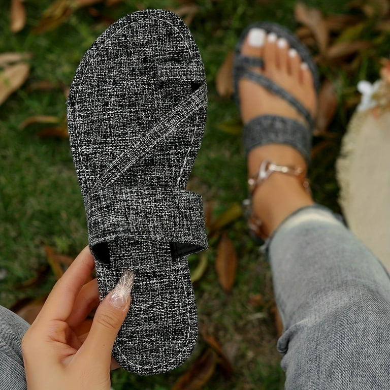 靴 The Sandalman Toe Loop Slide Slip Women's Toe Loop Slip On Slide Sandals, Denim Color Flat