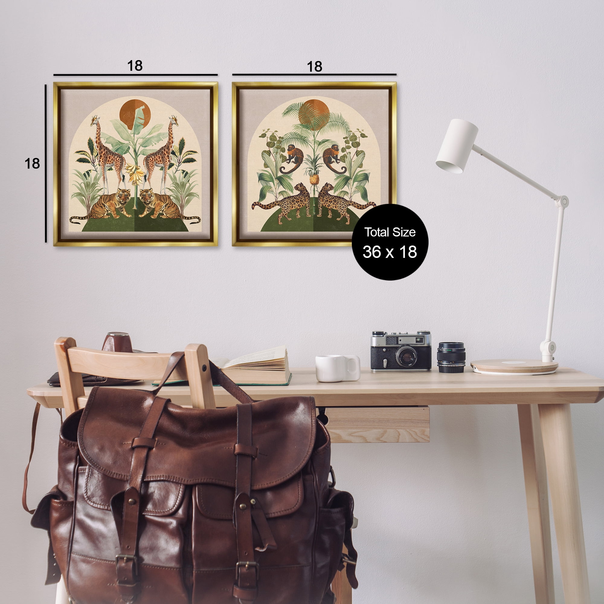 Stupell Industries Jungle Animals Foliage Illustration Animals Painting Gold Floater Framed Canvas Art Print Wall Art, 18 x 18, Set of 2