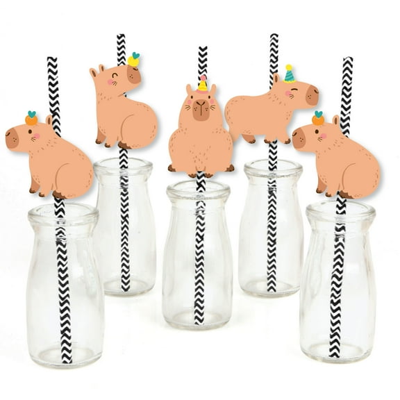 Big Dot of Happiness Capy Birthday - Paper Straw Decor - Capybara Party Striped Decorative Straws - Set of 24