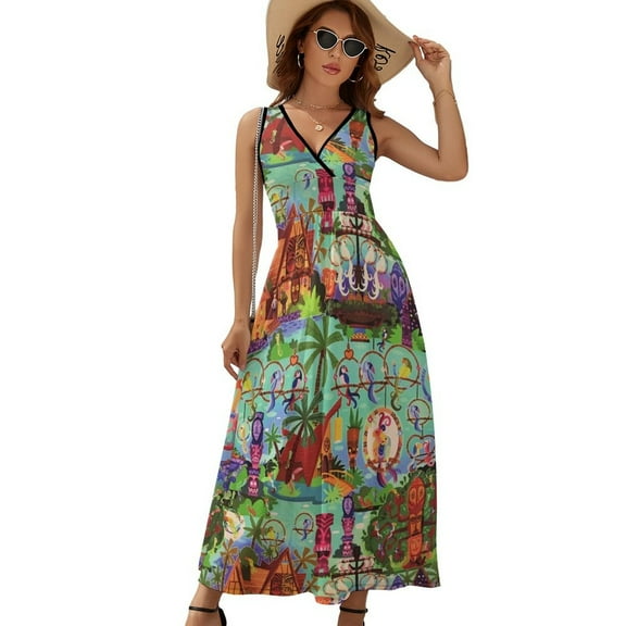 Tiki Hut Vintage Retro Art Dress Summer Street Style Bohemia Long Dresses Female Sleeveless Printed Maxi Dress