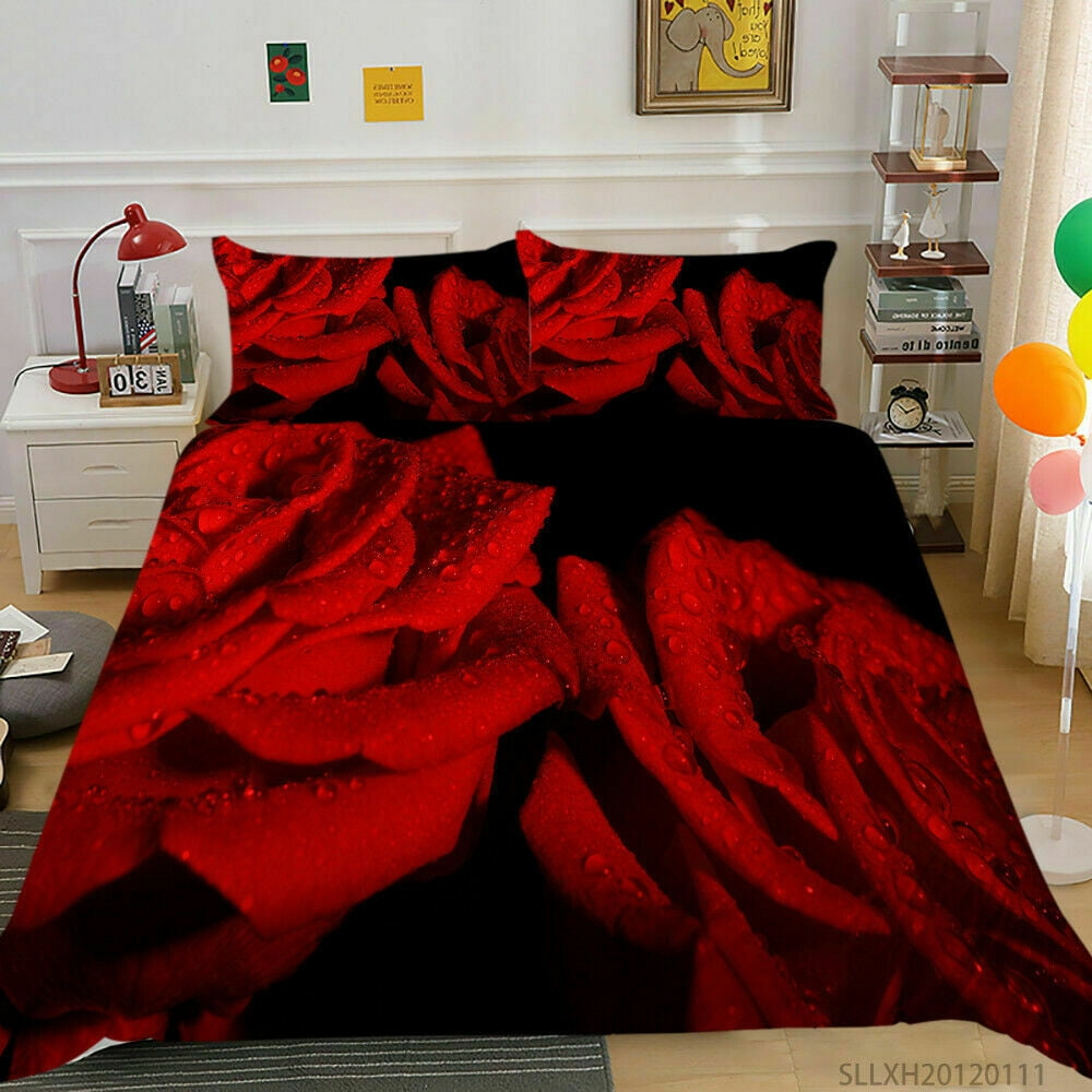 Black And Red Home Bed Clothes 3D Rose Printed Bedding Cover Set Luxury