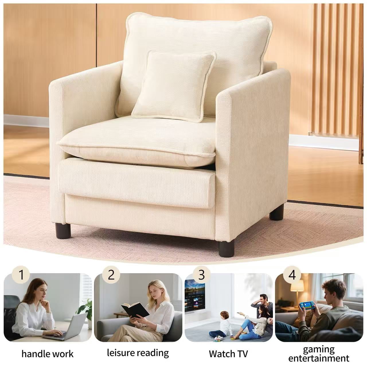 Modern Accent Chair,Linen Single Sofa Chair,Modern Reading Armchair with Pillow for Living Room,Bedroom,Beige