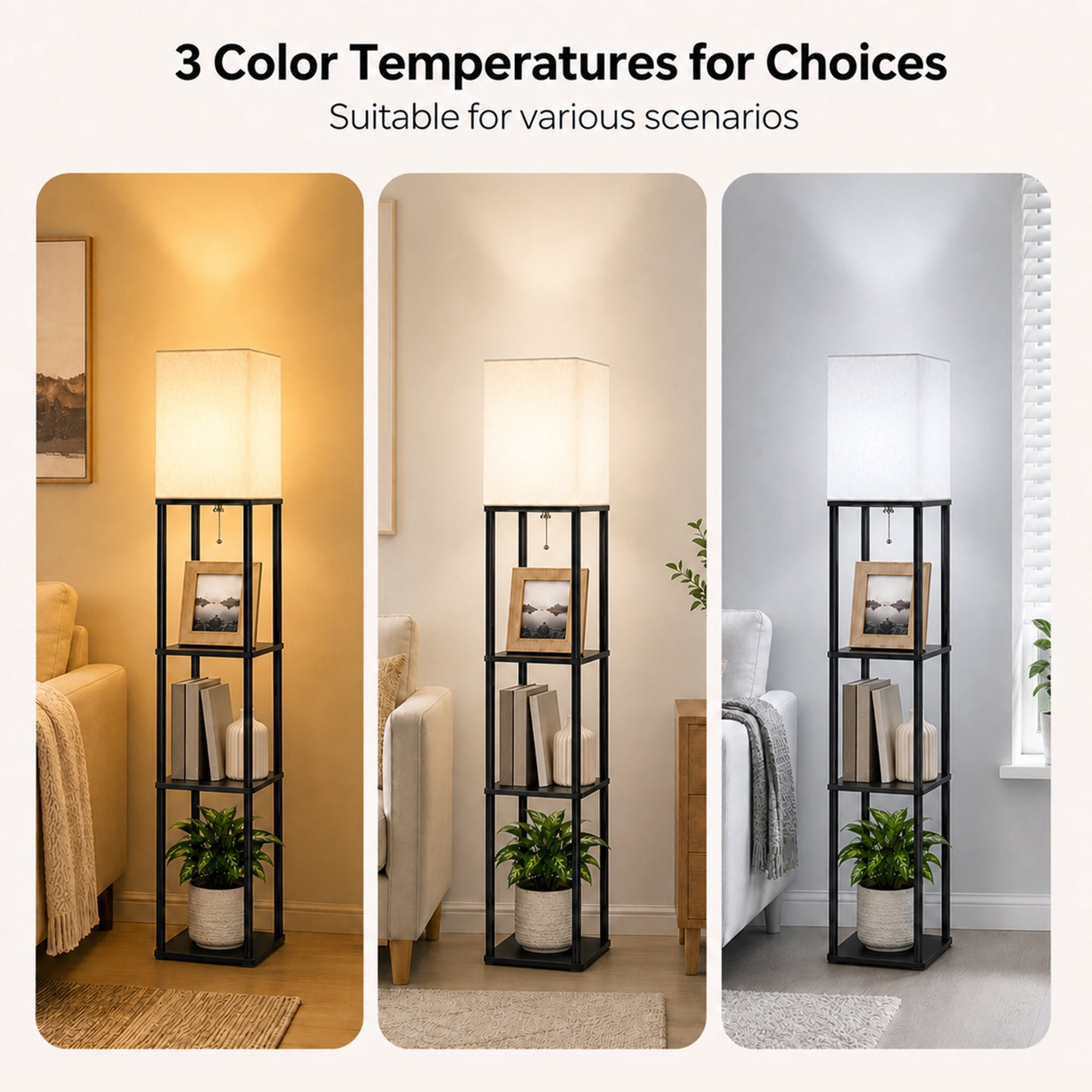 DAYBETTER Floor Lamp With Shelves, 62” Black Shelf Floor Lamp with 9W LED Bulb, 3 Color Temperature, Modern Standing Lamp for Living Room, Bedroom, Office, Corner