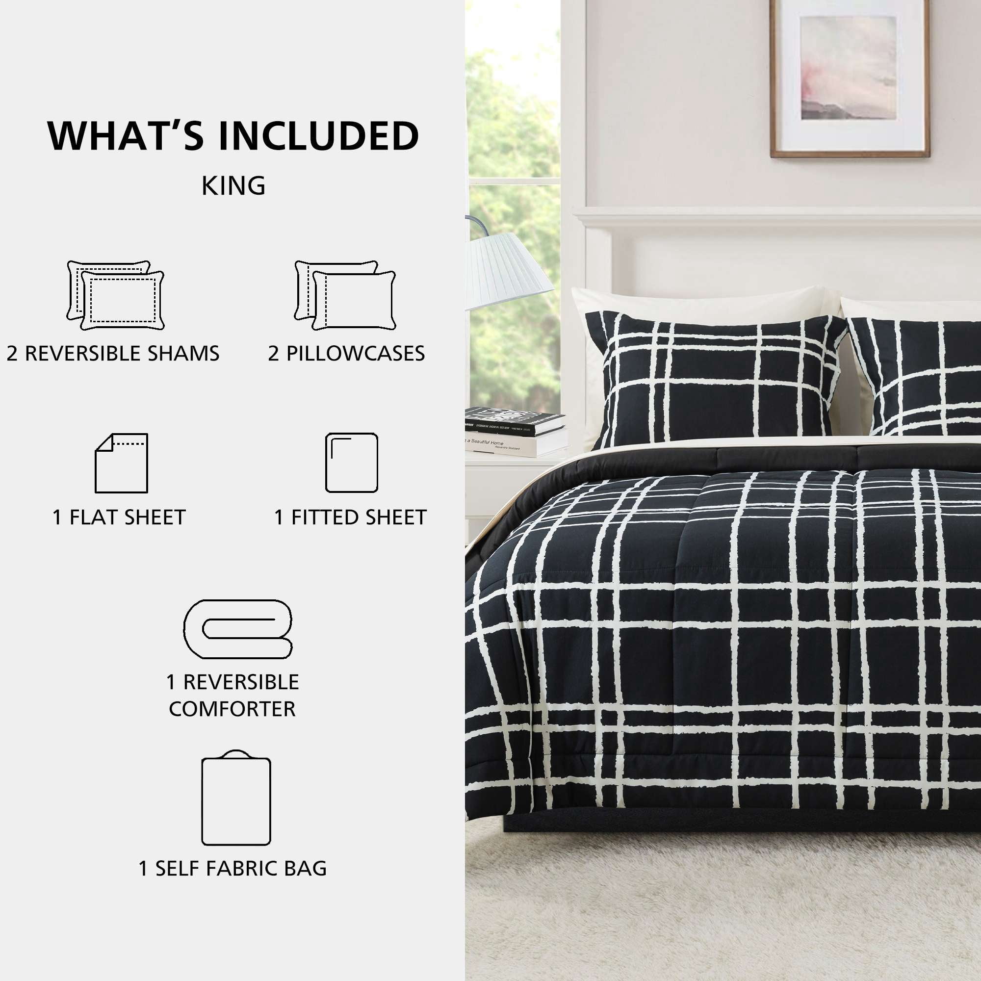 Mainstays All in One Reversible Comforter and Sheet Set, 7-Piece, King, Black and White Checker