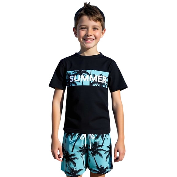 Djtdsds Boys 2 Piece "SUMMER" Tree Rash Guard Set Short Sleeve Black & Turquoise Swim Top with Drawstring Board Shorts Size:10-11 Years