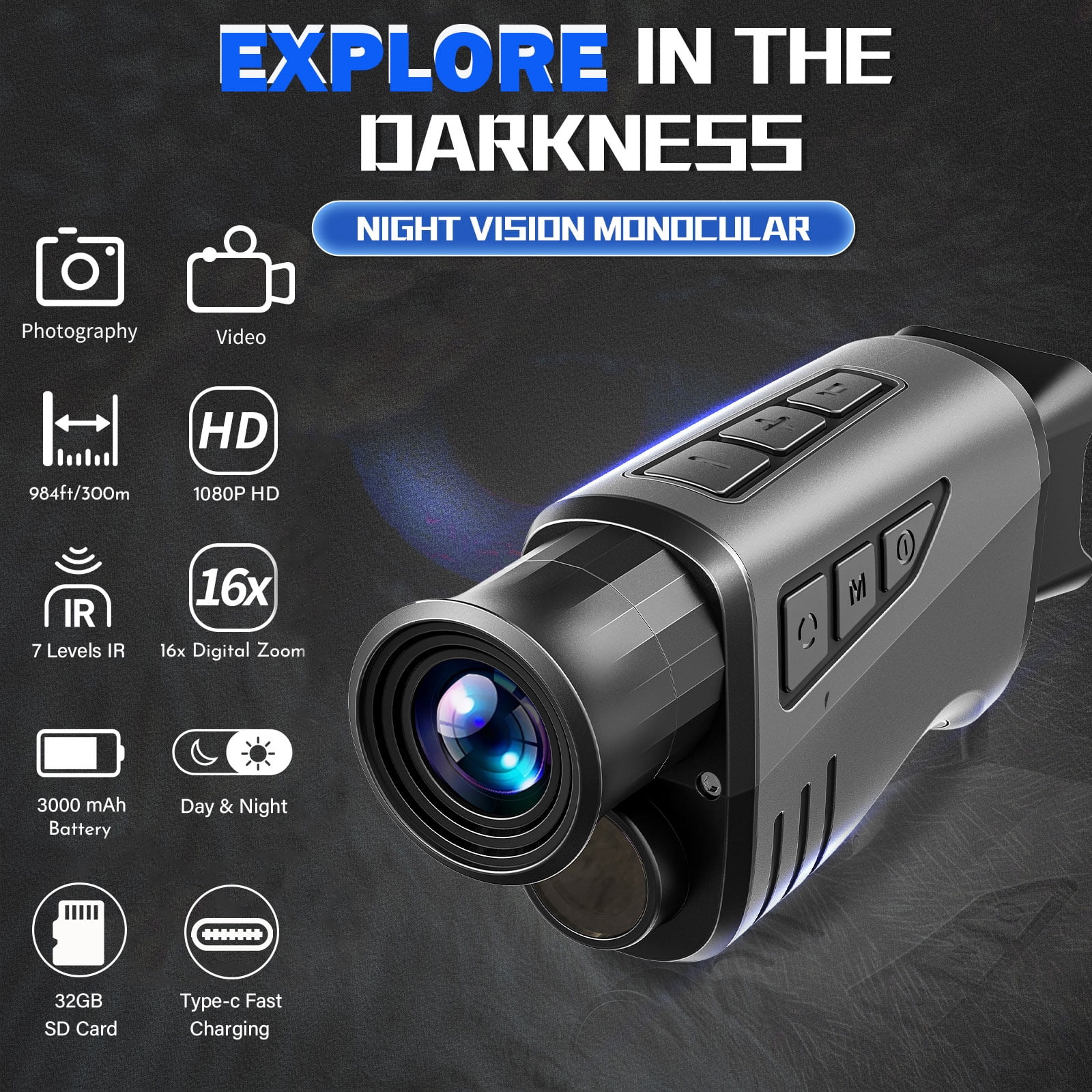 OAZOUF 16x Zoom Night Vision Monocular: Night Vision Binoculars with 7- Level IR & 32GB SD Card Included