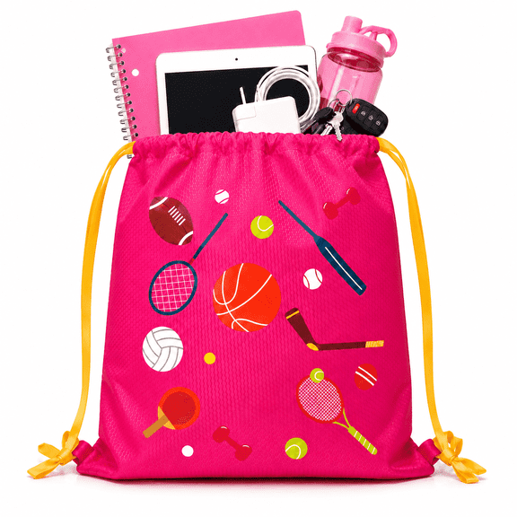Wondiair Drawstring Backpack, Water-Resistant Sports Bag for School, Gym & Sports Practice, Pink Multi-Sport Print