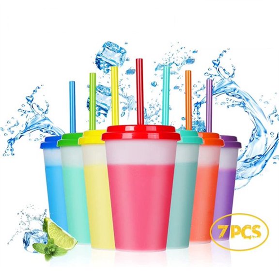 NOGIS 7Pcs Color Changing Cups, 12oz Reusable Plastic Cold Drink Cups with Lids and Straws BPA Free Adult Kids Summer Coffee Tumblers Party Cup