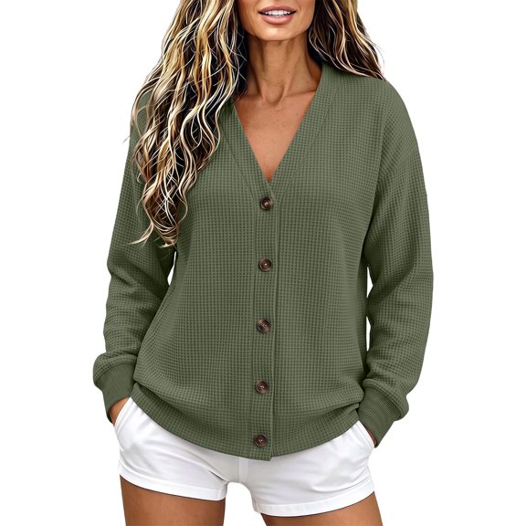 Ghalytn Women's Waffle Knit V-Neck Cardigan, Button Front Long Sleeve with Pockets