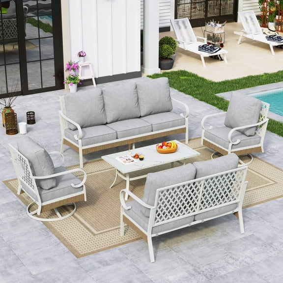 Sophia&William 5 Piece Patio Conversation Set Outdoor Furniture Loveseat Sofa Set with Swivel Chair, Light Gray