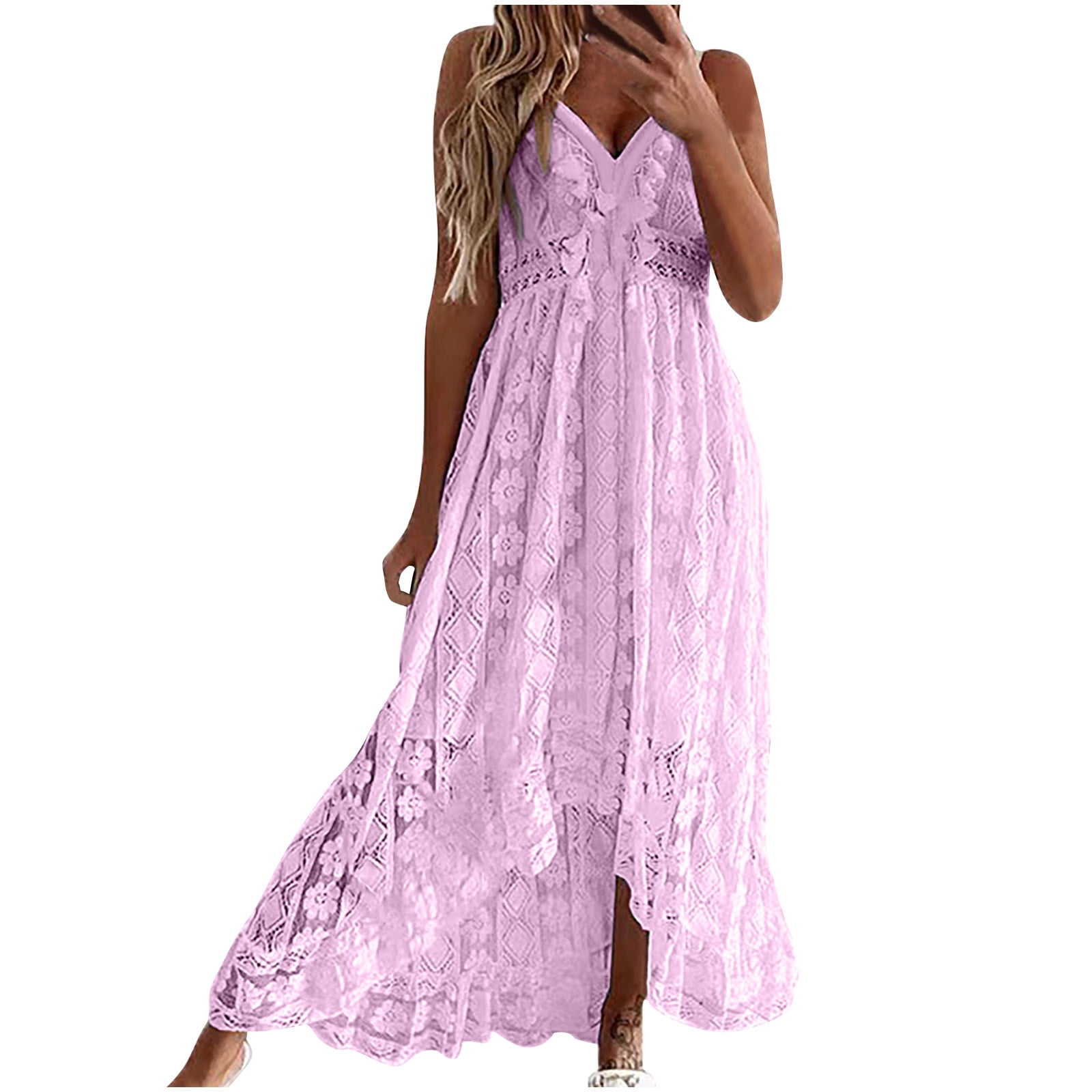 Lolmot Womens Bohemian Dress Casual Spaghetti Strap Smocked Tiered Flowy  Long Beach Sun Dresses Summer Sleeveless Solid Maxi Dress on Clearance 