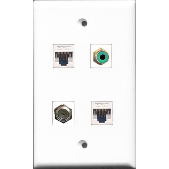 RiteAV 1 Port RCA Green and 1 Port Coax Cable TV- F-Type 2 Port Cat5e Ethernet White Wall Plate