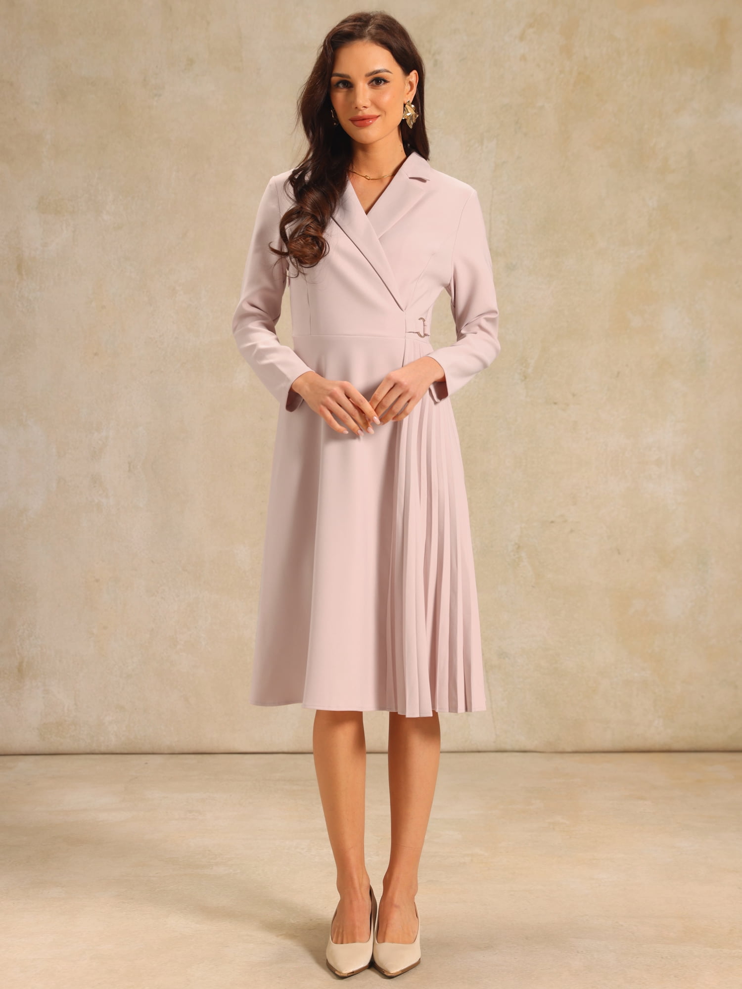 DARING DIVA Wrap A-Line Pleated Midi Long Sleev Dress M Pink